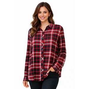 Talbots Women’s L Red Plaid Polka Dot Long Roll Tab Sleeve Button Down Shirt Top